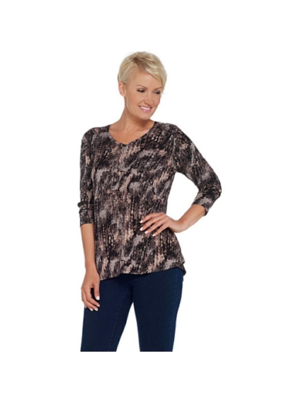 H by Halston Top, Printed Black, Blush & Gray V-Neck Ruching at Shoulder Size L